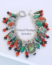  Schaef Designs Chrysocolla Apple Coral Onyx & Sterling Silver Southwestern Charm Bracelet | New Mexico