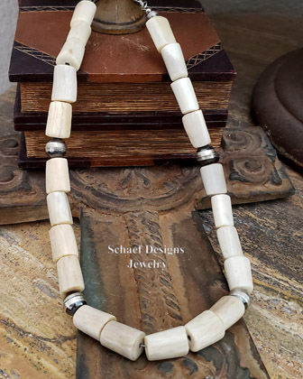 Schaef Designs carved fossilized mammoth ivory horse wolf totem animal shaman necklace on oxidized sterling silver 10mm bead necklace | New Mexico