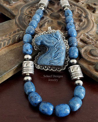 Schaef Designs Equestrian Denim Lapis Horse & Sterling Silver carved horse portrait pendant | Arizona 