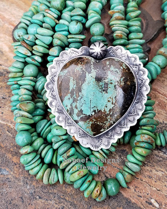 Schaef Designs Green Brown Turquoise & Stamped Sterling Silver Southwestern Heart Pendant | Arizona 