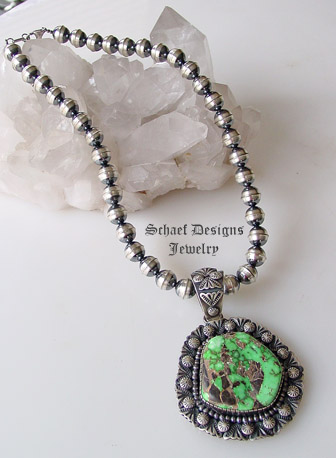 Specimen Large Green Carico Lake & sterling silver artist signed native american pendant | Upscale online Southwestern, Equine, & Native American Jewelry Gallery Boutique | Schaef Designs Jewelry | San Diego CA 