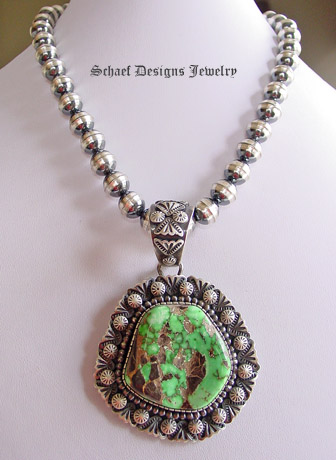 Specimen Large Green Carico Lake & sterling silver artist signed native american pendant | Upscale online Southwestern, Equine, & Native American Jewelry Gallery Boutique | Schaef Designs Jewelry | San Diego CA 