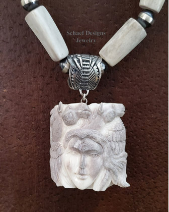 Schaef Designs Carved Antler Shed Maiden & Horses Pendant on Antler & Navajo Pearl Necklace | Arizona 