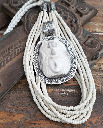 Schaef Designs Carved antler Shaman Maiden Wolf and hand stamped sterling silver large pendant | Arizona 