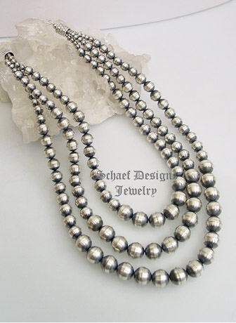 Schaef Designs Medium Graduated 3 Strand Navajo Pearl Sterling Silver Necklace | Native American, turquoise, & southwestern Jewelry | Schaef Designs Jewelry | New Mexico
