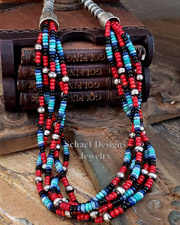  Schaef Designs Onyx Coral Lapis Turquoise Mixed Bead & Sterling Silver Bench Bead 5 Strand Necklace | New Mexico