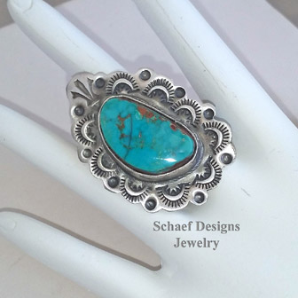 Schaef Designs Pilot Mountain turquoise & stamped sterling silver adjustable Southwestern Ring | Arizona 