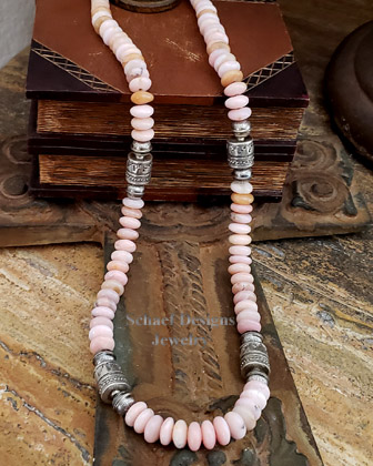 Sterling Silver & pink peruvian opal Southwestern tube & bench bead necklace | Schaef Designs Southwestern basics collection | Arizona 