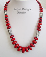 Schaef Designs red coral, black onyx & sterling silver tube bead necklace | New Mexico