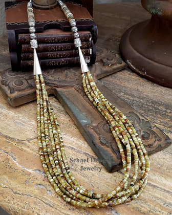Schaef Designs Southwestern Basic Long Multi Strand Russian Blood Serpentine  Golden Akoya Heishi & Sterling Silver Necklace | Arizona 