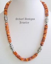 Schaef Designs orange spiny oyster shell Sterling Silver Southwestern style tube & bench bead necklace | Southwestern Basics Collection | Native American Jewelry | online upscale native American & southwestern jewelry boutique gallery| Schaef Designs Southwestern turquoise Jewelry | New Mexico 
