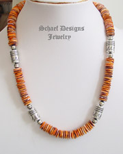 Schaef Designs orange spiny oyster shell & Sterling Silver Southwestern style tube & bench bead necklace | Southwestern Basics Collection | Native American Jewelry | online upscale native American & southwestern jewelry boutique gallery| Schaef Designs Southwestern turquoise Jewelry | New Mexico 