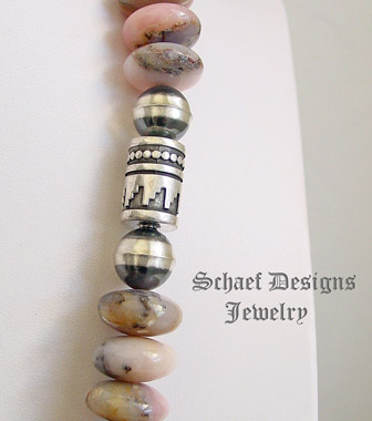 Schaef Designs Sterling Silver & pink peruvian opal Southwestern style tube & bench bead necklace | Southwestern Basics Collection | Native American Jewelry | online upscale native American & southwestern jewelry boutique gallery| Schaef Designs Southwestern turquoise Jewelry | New Mexico 