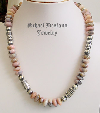 Schaef Designs Sterling Silver & pink peruvian opal Southwestern style tube & bench bead necklace | Southwestern Basics Collection | Native American Jewelry | online upscale native American & southwestern jewelry boutique gallery| Schaef Designs Southwestern turquoise Jewelry | New Mexico
