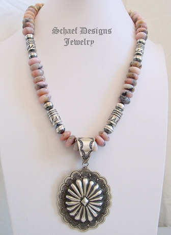 Schaef Designs Sterling Silver & pink peruvian opal Southwestern style tube & bench bead necklace | Southwestern Basics Collection | Native American Jewelry | online upscale native American & southwestern jewelry boutique gallery| Schaef Designs Southwestern turquoise Jewelry | New Mexico 