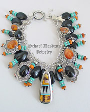 Schaef Designs Orange Spiny Oyster Black Onyx Turquoise & Sterling Silver Charm Bracelet | New Mexico