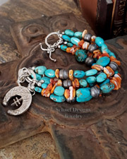  Schaef Designs Orange Spiny Oyster Shell & turquoise 5 strand Southwestern Charm Bracelet | New Mexico