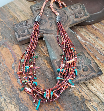 Schaef Designs orange spiny oyster heishi & turquoise tab multi strand necklace | New Mexico  