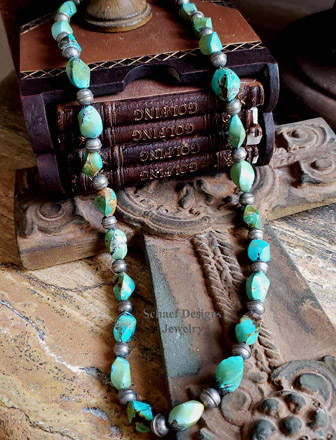 Schaef Designs spiral turquoise & sterling silver stamped bench bead long Southwestern Necklace | Arizona 