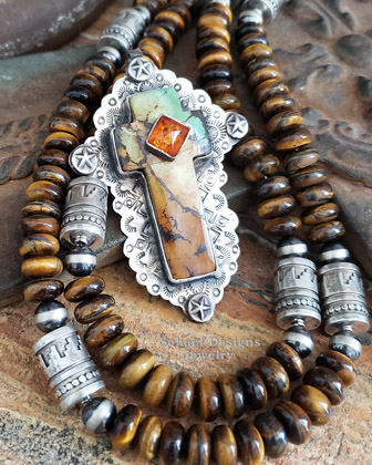 Schaef Designs Green Hubei Turqouise Amber & Sterling Silver Cross Southwestern Pendant | Arizona 