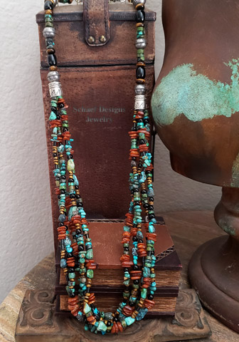  Schaef Designs Turqouise Heishi Amber Black Onyx & Sterling Silver Stamped Bench Bead Long 5 Strand Necklace | Arizona