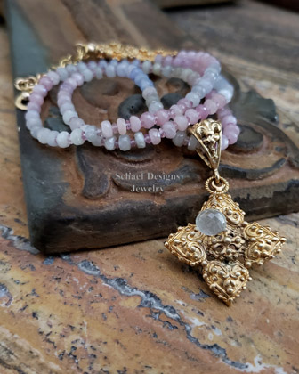 Schaef Designs Pastel Shaded Sapphires, Pink Tourmaline, Prasiolite,Green Amethyst & 22kt Gold Vermeil Gemstone Long Cross Necklace | Arizona