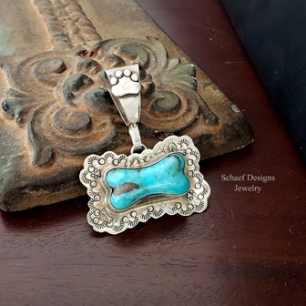 Schaef Designs Fred Harvey style sterling silver & turquoise bone dog Tag pendant | Arizona 
