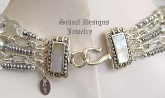 Schaef Designs Gray Pearl, Moonstone, Hematite, Crystal & Sterling Silver Figaro Chain 5 strand bib necklace | New Mexico 