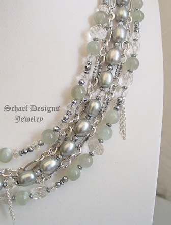 Schaef Designs Gray Pearl, Moonstone, Hematite, Crystal & Sterling Silver Figaro Chain 5 strand bib necklace | New Mexico 