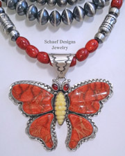  David Troutman Apple Coral, Fossilized Mammoth Ivory & garnet Large butterfly Pendant | upscale online southwestern native american equine & gemstone jewelry gallery boutique| Schaef Designs artisan handcrafted Jewelry | New Mexico 