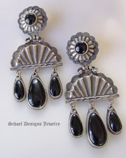 David Troutman Old Style Texas Big Black Obsidian Concho Chandelier Post Earrings| upscale online turquoise & equine jewelry boutique gallery | Schaef Designs Turquoise Southwestern Jewelry | New Mexico