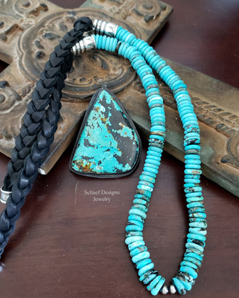 Schaef Designs Blue Turquoise in Black Silver Pendant & Blue Hubei & Braided Leather Necklace | Arizona 