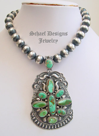 Darryl Becenti artist signed Royston Turquoise & sterling silver pendant on sterling silver oxidized bead necklace || online upscale native american jewelry boutique gallery| Schaef Designs Southwestern turquoise Jewelry |  New Mexico