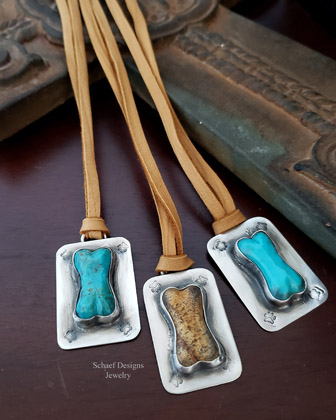 Schaef Designs Turquoise & Sterling Silver Dog Bone Dog Tag on Deerskin Leather Necklace  | Arizona 