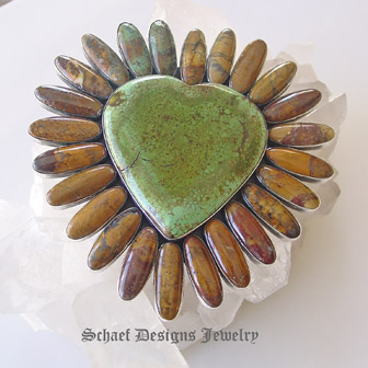 Federico signed green & brown turquoise large heart pin pendant | New Mexico