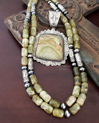   Schaef Designs Large Gary Green Jasper & Hand Stamped Sterling Silver Pendant | Arizona 