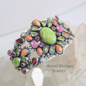 Leo Feeney Rare Gaspeite Angel Coral Pink Tourmaline & Peridot Cuff Bracelet | upscale online southwestern,  turquoise, native american & equine jewelry boutique gallery | Schaef Designs artisan handcrafted Jewelry | New Mexico  