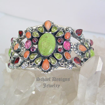 Leo Feeney Rare Gaspeite Angel Coral Pink Tourmaline & Peridot Cuff Bracelet | upscale online southwestern,  turquoise, native american & equine jewelry boutique gallery | Schaef Designs artisan handcrafted Jewelry | New Mexico  