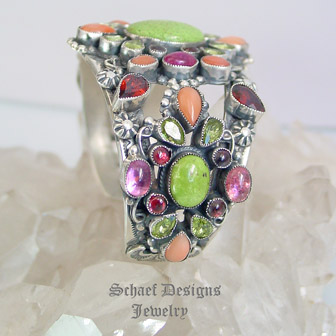 Leo Feeney Rare Gaspeite Angel Coral Pink Tourmaline & Peridot Cuff Bracelet | upscale online southwestern,  turquoise, native american & equine jewelry boutique gallery | Schaef Designs artisan handcrafted Jewelry | New Mexico  