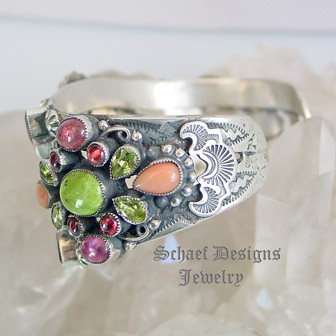 Leo Feeney Rare Gaspeite Angel Coral Pink Tourmaline & Peridot Cuff Bracelet | upscale online southwestern,  turquoise, native american & equine jewelry boutique gallery | Schaef Designs artisan handcrafted Jewelry | New Mexico  