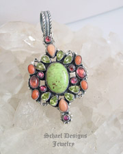  Leo Feeney RARE Gaspeite Angel Coral Pink Tourmaline & Peridot Pendant | Southwestern turquoise jewelry | online upscale native American jewelry boutique gallery| Schaef Designs Southwestern turquoise Jewelry | New Mexico 