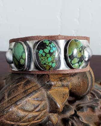 Schaef Designs 3 Stone Green Hubei ID Leather Bracelet | Arizona