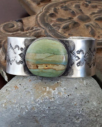 Schaef Designs Green Morrisonite Stamped Sterling Silver Cuff Bracelet | Arizona 