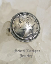 Mercury Dime Bezel set in sterling silver adjustable ring by B Johnson | online upscale native american jewelry boutique gallery| Schaef Designs Southwestern turquoise Jewelry |  New Mexico 
