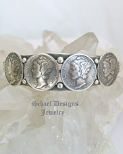 Mercury dime & sterling silver artist signed cuff bracelet | B. Johnson | online upscale native american jewelry boutique gallery| Schaef Designs Southwestern turquoise Jewelry |  New Mexico 