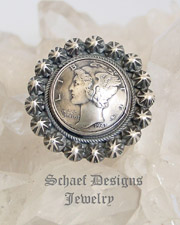 Waling Liberty 1945 Half Dollar adjustable Ring with Sterling Silver Rosette trim by Paul Livingston  || online upscale native american jewelry boutique gallery| Schaef Designs Southwestern turquoise Jewelry |  New Mexico 