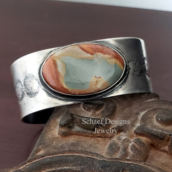 Schaef Designs oval morrisonite & Stamped sterling silver cuff bracelet | Arizona