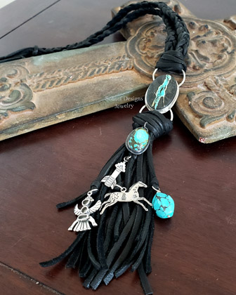 Schaef Designs Ribbon Turquoise Black Tassel Pendant Braided Necklace | Arizona