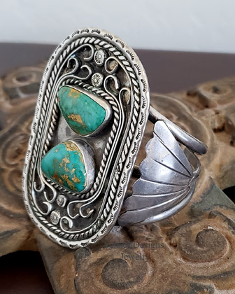 Large Vintage 2 Stone Turquoise & Sterling Silver Cuff Bracelet | Schaef Designs | Arizona 