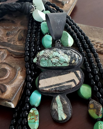 Schaef Designs Turquoise Lizard Pottery Shard Ribbon Turquoise Black Silver Totem Pendant | Arizona 